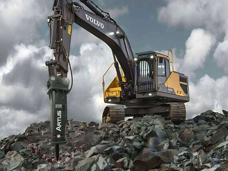 Silent type breaker installed on volvo excavator