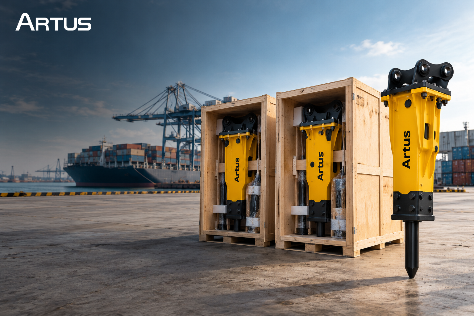 Artus hydraulic breakers packed in wooden export crates